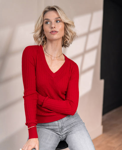 V-neck cable knit sweater LA JULYA Red