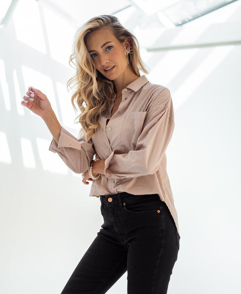 Blouse LA PASCALLE Camel gestreept