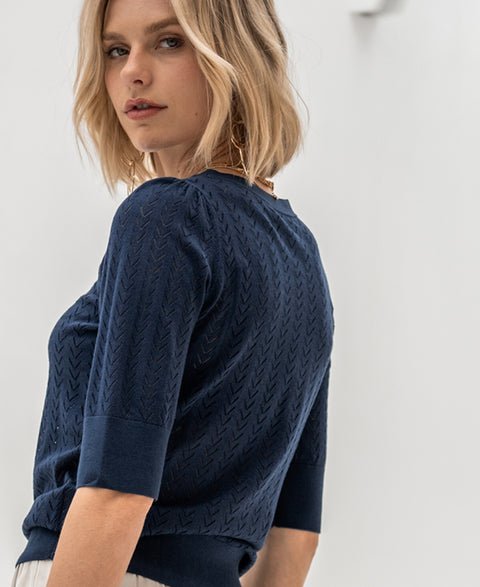 Navy blue openwork sweater with linen PLEIN PUBLIQUE