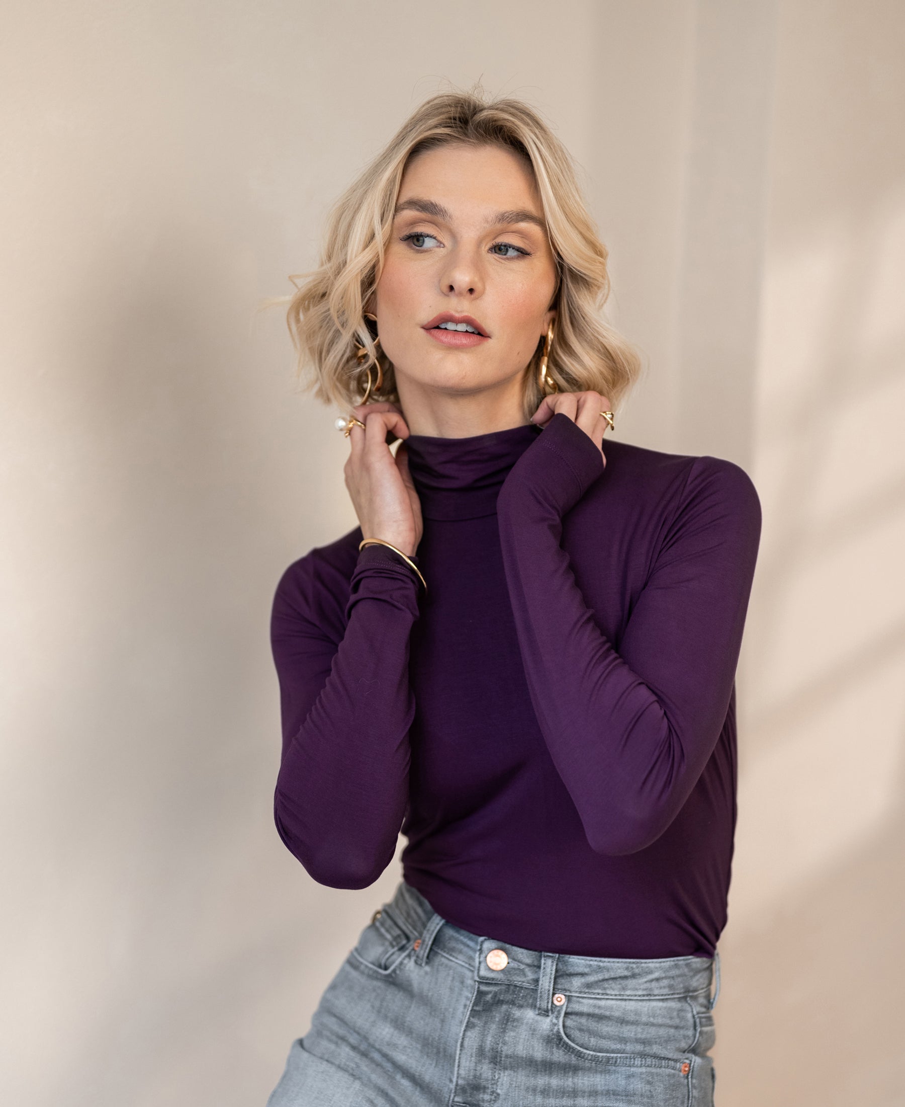 Bamboe colshirt LA VALERY Aubergine