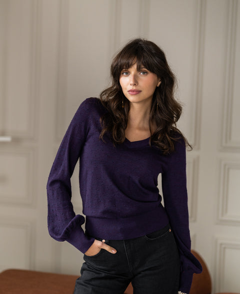 Merino V-hals trui LA VICTORIA Dark Violet